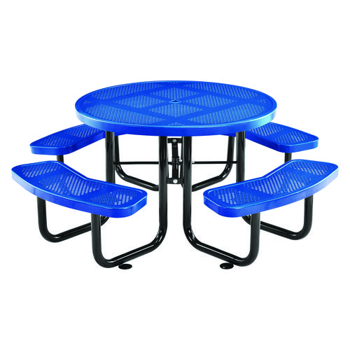 Image of Perforated Steel Picnic Table, Round, 46" Dia x 29.5"h, Blue Top, Blue Base/Legs, Ships in 1-3 Business Days