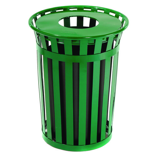 Image of Outdoor Slatted Steel Trash Can, 36 gal, Green, Ships in 1-3 Business Days