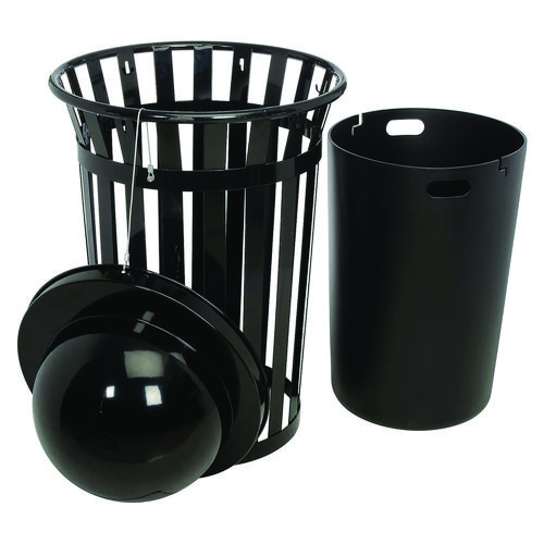 Outdoor Slatted Steel Trash Can, Dome Lid, 36 gal, Black