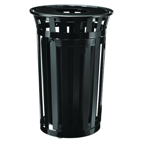 Outdoor Slatted Steel Trash Can, With Access Door, 36 gal, Steel Black, Ships in 1-3 Business Days