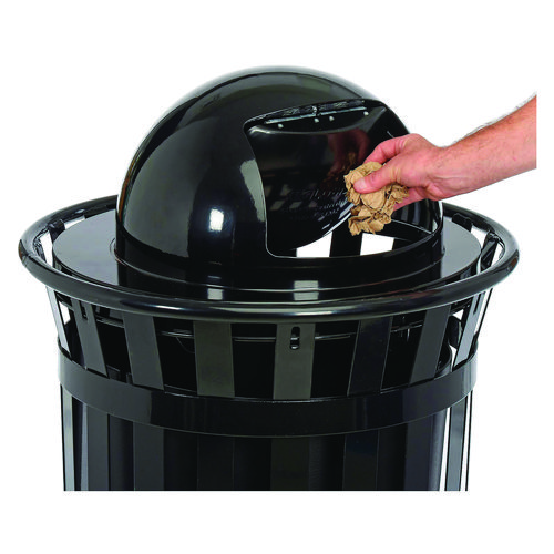 Outdoor Slatted Steel Trash Can, Dome Lid, 36 gal, Black