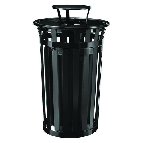 Outdoor Slatted Steel Trash Can, With Access Door and Rain Bonnet Lid, 36 gal, Black, Ships in 1-3 Business Days