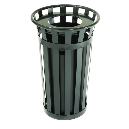 Image of Outdoor Slatted Steel Trash Can, 24 gal, Black, Ships in 1-3 Business Days