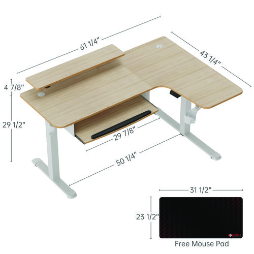 L-Shaped Standing Desk with Keyboard Tray, Right Desk, 61.25" x 43.25" x 34.38" to 52.88", Maple White/White