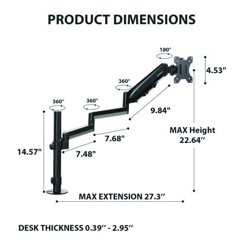 Single Monitor Arm, For 32" Monitors, 90 deg Rotation, 35 deg Tilt, 360 deg Pan, Black, Supports 17.6 lbs