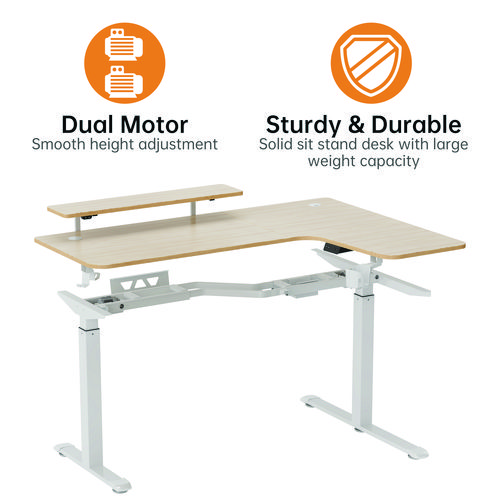 L-Shaped Standing Desk with Keyboard Tray, Right Desk, 61.25" x 43.25" x 34.38" to 52.88", Maple White/White