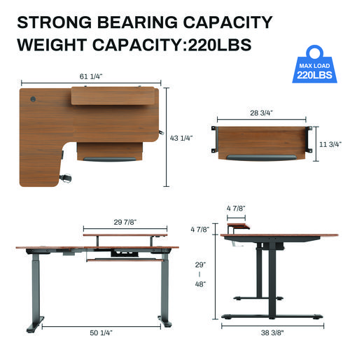 L-Shaped Standing Desk with Keyboard Tray, Left Desk, 61.25" x 43.25" x 34.38" to 52.88", Walnut/Black