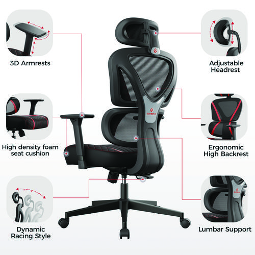 Norn Ergonomic Chair, Supports Up to 275 lb, 18.11" to 22.04" Seat Height, Black/Red Mesh Seat/Back, Black Base