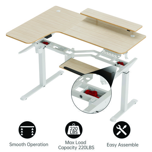 L-Shaped Standing Desk with Keyboard Tray, Left Desk, 61.25" x 43.25" x 34.38" to 52.88", Maple White/White