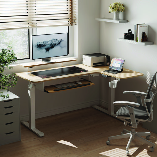 L-Shaped Standing Desk with Keyboard Tray, Right Desk, 61.25" x 43.25" x 34.38" to 52.88", Maple White/White