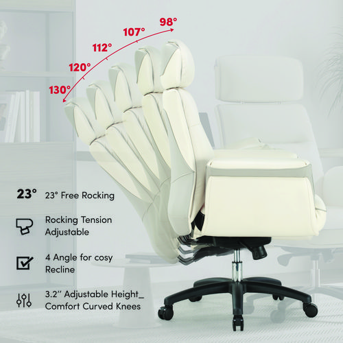 Royal Executive Office Chair, Support up to 300 lb, 19.46"-22.26" Seat Height, White PU Leather Seat, White Faux Leather Back