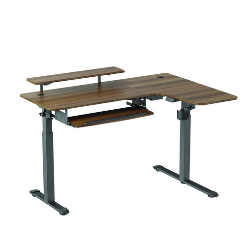 L-Shaped Standing Desk with Keyboard Tray, Right Desk, 61.25" x 43.25" x 34.38" to 52.88", Walnut/Black