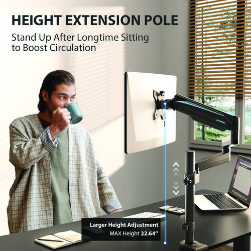 Single Monitor Arm, For 32" Monitors, 90 deg Rotation, 35 deg Tilt, 360 deg Pan, Black, Supports 17.6 lbs