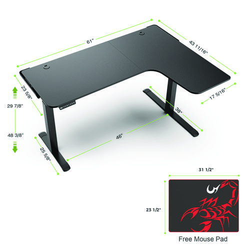 L-Shaped Standing Desk, Right Desk, 60" x 43.69" x 29.88" to 48.38", Black