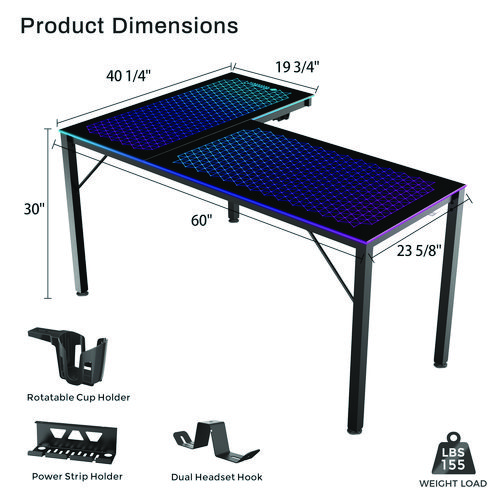 RGB LED Lights Glass Gaming Desk, 60" x 40.25" x 30", Black