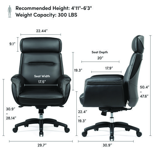 Royal Executive Office Chair, Support up to 300 lb, 19.46"-22.26" Seat Height, Black PU Leather Seat, Black Faux Leather Back