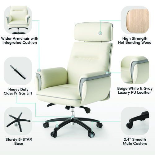 Royal Executive Office Chair, Support up to 300 lb, 19.46"-22.26" Seat Height, White PU Leather Seat, White Faux Leather Back