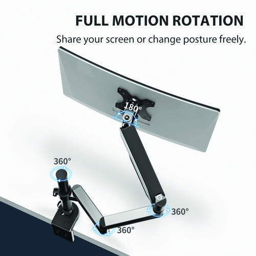 Single Monitor Arm, For 32" Monitors, 90 deg Rotation, 35 deg Tilt, 360 deg Pan, Black, Supports 17.6 lbs