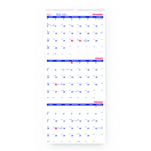 Three-Month Wall Calendar, 12.25" x 27", White/Blue Sheets, 14-Months: Dec 2024 to Jan 2026