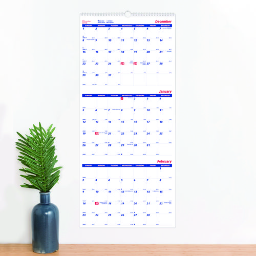 Three-Month Wall Calendar, 12.25" x 27", White/Blue Sheets, 14-Months: Dec 2024 to Jan 2026