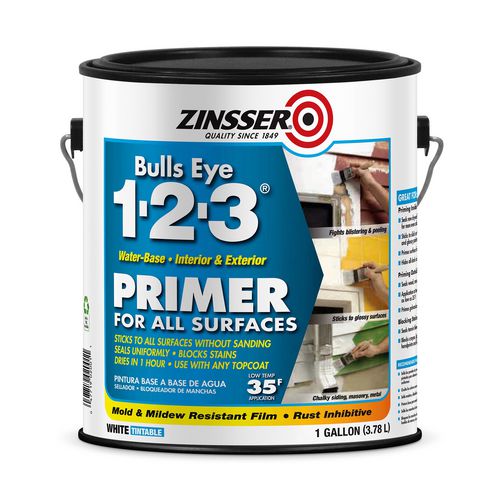 Bulls Eye 1-2-3 Water-Base Primer, Interior/Exterior, Flat White, 1 gal Bucket/Pail, 4/Carton