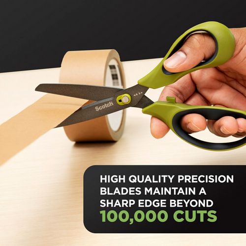 Non-Stick Unboxing Scissors, 8" Long, 2.7" Cut Length, Straight Green/Black Handle