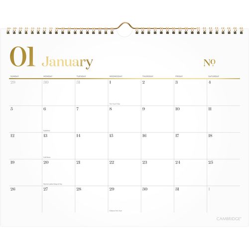 WorkStyle Monthly Wall Calendar, 15 x 12, White/Gold Sheets, 12-Month (Jan to Dec): 2025