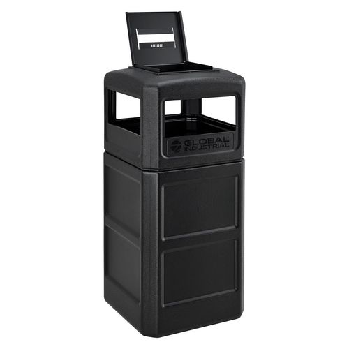 Square Plastic Waste Receptacle, Ashtray Lid with Open Sides, 42 gal, Black