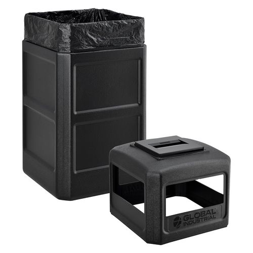 Square Plastic Waste Receptacle, Ashtray Lid with Open Sides, 42 gal, Black