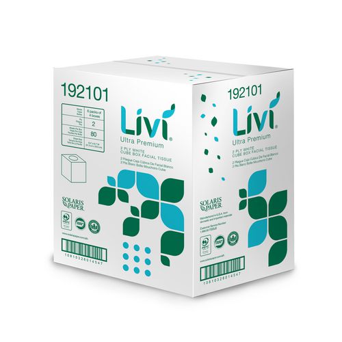 Livi Ultra Premium Facial Tissue, 2-Ply, White, Cube Box, 80 Sheets/Box, 4 Boxes/Pack, 6 Packs/Carton