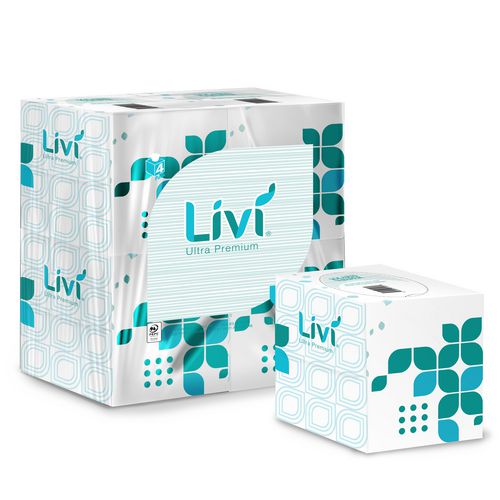 Livi Ultra Premium Facial Tissue, 2-Ply, White, Cube Box, 80 Sheets/Box, 4 Boxes/Pack, 6 Packs/Carton