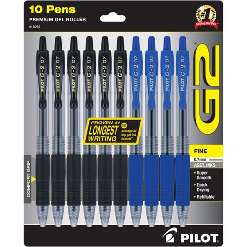 G2 Premium Gel Pen, Retractable, Fine 0.7 mm, Assorted Ink/Barrel Colors, 10/Pack