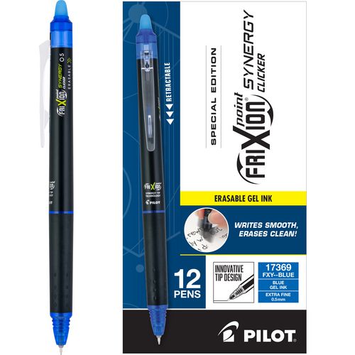 FriXion Synergy Clicker Erasable Gel Pen, Retractable, Extra-Fine 0.5 mm, Blue Ink, Black/Blue Barrel, Dozen