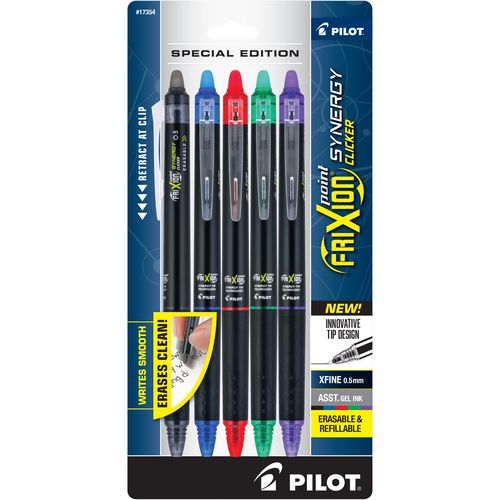 FriXion Synergy Clicker Erasable Gel Pen, Retractable, Extra-Fine 0.5 mm, Assorted Ink/Barrel Colors, 5/Pack