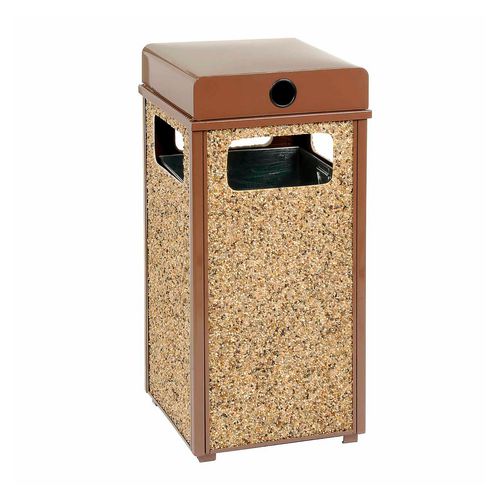 Image of Stone Panel All Weather Trash Receptacle Urn, 12 gal, Steel, Brown, Ships in 1-3 Business Days
