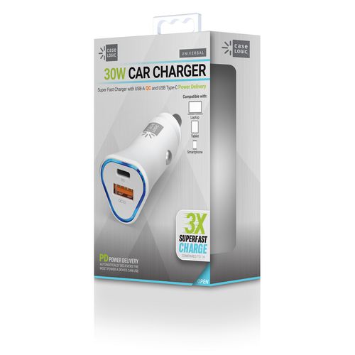 PD Car Charger, 30 W, Two 3 A Ports, White