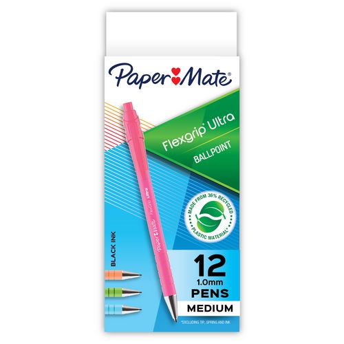 Image of FlexGrip Ultra Recycled Ballpoint Pen, Retractable, Medium, 1 mm, Black Ink, Assorted Barrels, Dozen