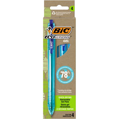 Ecolutions Gel Pen, Retractable, Medium 1 mm, Blue Ink, Blue Barrel, 4/Pack