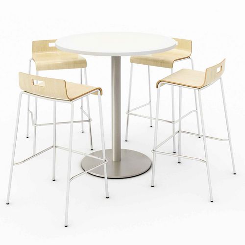 Pedestal Bistro Table with Four Natural Jive Series Barstools, Round, 36" Dia x 41h, Designer White, Ships in 4-6 Bus Days