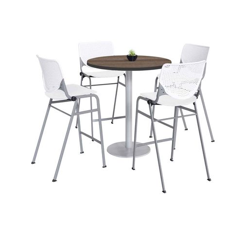 Image of Pedestal Bistro Table with Four White Kool Series Barstools, Round, 36" Dia x 41h, Studio Teak, Ships in 4-6 Business Days
