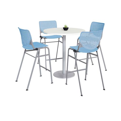 Pedestal Bistro Table with Four Sky Blue Kool Series Barstools, Round, 36" Dia x 41h, Designer White, Ships in 4-6 Bus Days