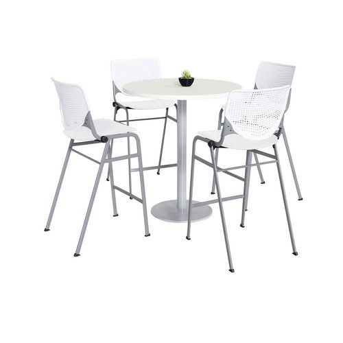 Pedestal Bistro Table with Four White Kool Series Barstools, Round, 36" Dia x 41h, Designer White, Ships in 4-6 Business Days