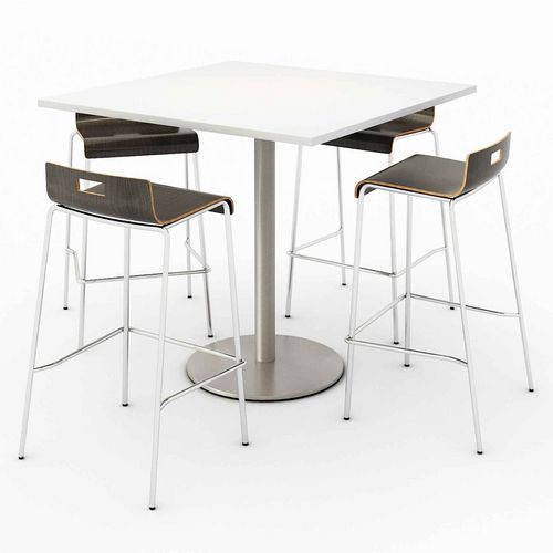 Image of Pedestal Bistro Table with Four Espresso Jive Series Barstools, Square, 36x36x41, Designer White, Ships in 4-6 Business Days
