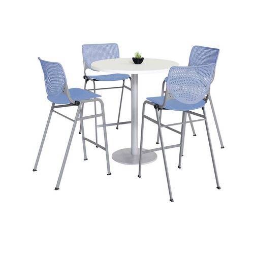 Pedestal Bistro Table with Four Periwinkle Kool Series Barstools, Round, 36" Dia x 41h, Designer White, Ships in 4-6 Bus Days