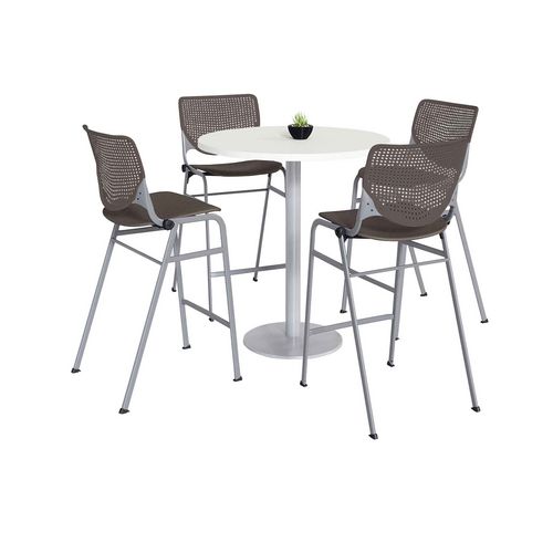 Image of Pedestal Bistro Table with Four Brownstone Kool Series Barstools, Round, 36" Dia x 41h, Designer White, Ships in 4-6 Bus Days