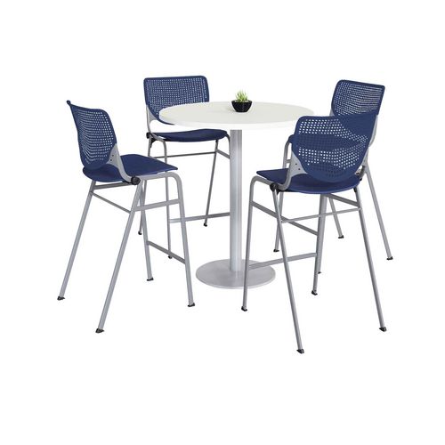 Image of Pedestal Bistro Table with Four Navy Kool Series Barstools, Round, 36" Dia x 41h, Designer White, Ships in 4-6 Business Days