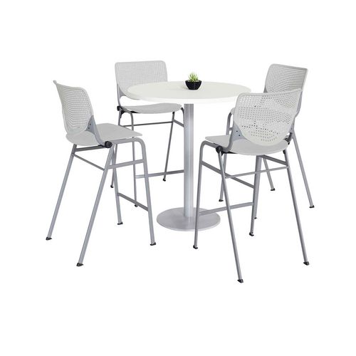 Pedestal Bistro Table with Four Light Gray Kool Series Barstools, Round, 36" Dia x 41h, Designer White, Ships in 4-6 Bus Days