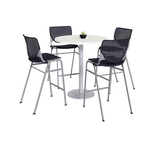 Pedestal Bistro Table with Four Black Kool Series Barstools, Round, 36" Dia x 41h, Designer White, Ships in 4-6 Business Days
