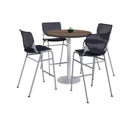 Image of Pedestal Bistro Table with Four Black Kool Series Barstools, Round, 36" Dia x 41h, Studio Teak, Ships in 4-6 Business Days