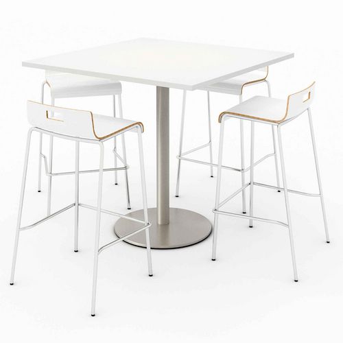 Image of Pedestal Bistro Table with Four White Jive Series Barstools, Square, 36 x 36 x 41, Designer White, Ships in 4-6 Business Days
